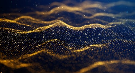 Aufkleber - Golden Particles Wave Flowing Digital Landscape on Dark Blue Background Bokeh Effect
