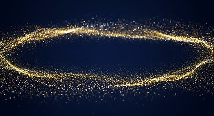 Poster - golden glitter particles shimmering ring flow on dark blue backdrop bokeh effect