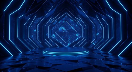 Poster - Futuristic Neon Stage Blue Glowing Tunnel 3D Render Background