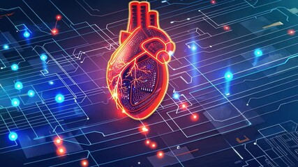 Poster - Digital Heart Illustration Glowing Network of Circuits Symbolizing Innovation in Health and Technology, Evoking Connectivity and Vibrant Emotions in Medical Innovation.