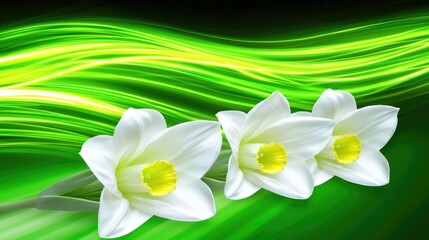 Wall Mural - Daffodils, close-up. Flowers on green abstract background. Botanical photo for spring designs