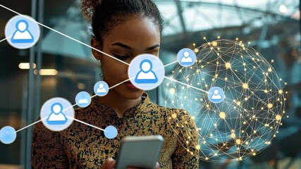 Poster - Biracial business professional engages with smartphone while globe and network icons symbolize global connectivity, globe with network and icons over biracial businesswoman using smartphone