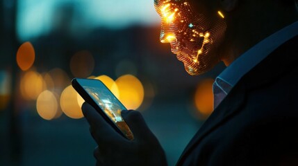 Poster - Close up of businessman hand using cellphone with glowing robot head on blurry background. Chat bot and customer service concept.