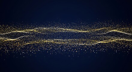 Poster - golden particles flowing wave shimmering on dark blue elegant abstract background