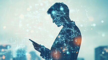 Poster - Double exposure business man using tablet on futuristic network connect city technology background/