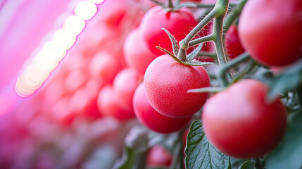 Aufkleber - Red tomatoes grow vibrantly on green vines inside a greenhouse, illuminated by bright artificial lights during the day
