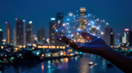 Poster - Business teamwork hand with network city background in Thailand