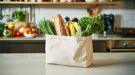 Poster - A reusable bag filled with fresh vegetables and fruits sits on a kitchen counter, ready for cooking healthy meals