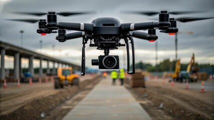 Aufkleber - Professional quadcopter with camera monitors progress on a large construction site, flying over workers and heavy machinery under a cloudy sky