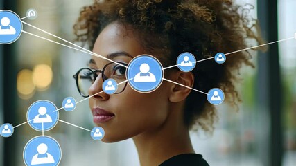Poster - Network of connections symbolizing communication and interaction over biracial woman in urban setting, network of connections with icons over biracial businessman having video call
