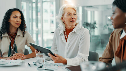 Poster - Meeting, proposal and tablet with business women in boardroom of office for planning or strategy. Collaboration, decision or negotiation with boss and employee team at work for feedback or review