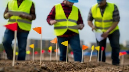 Poster - Construction engineers in safety vests and helmets are reviewing blueprints on a site marked with colorful flags, possibly indicating future building locations or utility lines
