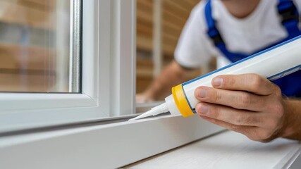 Poster - Professional builder carefully applying window sealant, filling seams with precision to enhance thermal and acoustic insulation for home improvement and energy efficiency