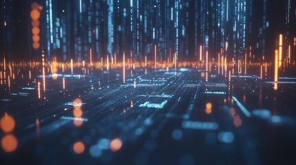 Abstract digital data stream, glowing lines, futuristic background, technology, possible use in tech presentations, posters