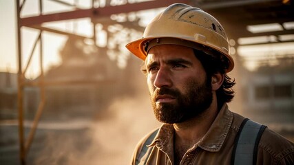 Poster - Serious construction worker wearing a safety helmet looking away in a dusty environment, possibly a quarry or construction site, during golden hour