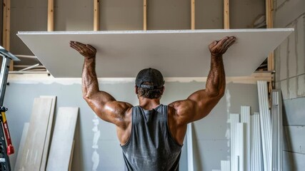 Poster - Construction worker lifting heavy drywall panel with professional precision, showcasing muscular strength during complex building renovation process