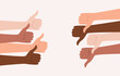 © Alrika  - Hands of people of different nationalities and skin tones showing thumbs up and thumbs down gestures opposite to each other. Flat vector illustration