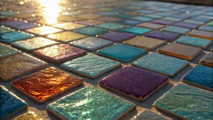Aufkleber - Warm golden sunlight cascading across intricate mosaic tile surface, generating radiant luminosity through dynamic color interactions and shimmering architectural textures