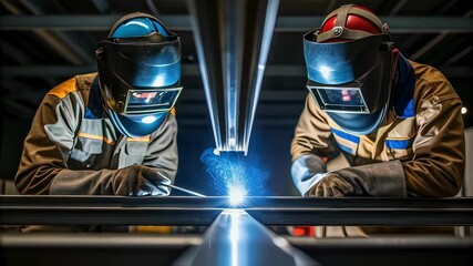 Poster - Two skilled welders in protective gear meticulously join metal components using specialized equipment, creating bright sparks and showcasing precision in industrial fabrication