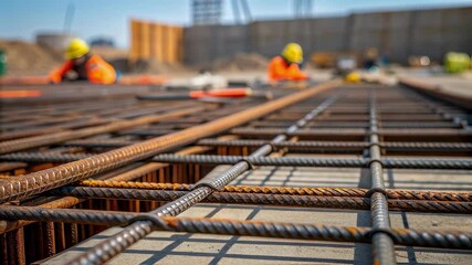 Poster - Rusty steel reinforcement grid lying on ground during concrete foundation preparation, construction workers collaborating in industrial site background