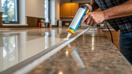 Poster - Skilled professional carefully applying white silicone sealant along kitchen countertop edges, ensuring precise waterproofing and seamless finishing in modern home renovation project