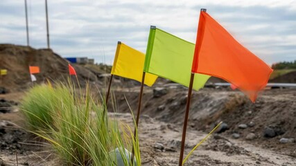 Poster - Bright orange and yellow flags flutter in the breeze at a construction or excavation site, marking boundaries or potential hazards amidst piles of dirt and nascent vegetation