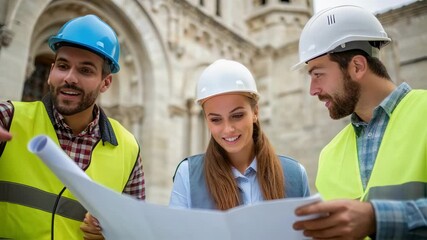 Poster - Architects and engineers wearing safety helmets are discussing and analyzing blueprints in front of a historical building, showcasing teamwork and expertise in architectural design and restoration