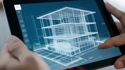 Poster - Professional architect analyzing detailed 3d building model on tablet, rotating and examining architectural design from multiple perspectives against clean white background