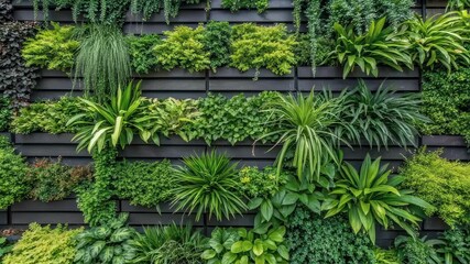 Poster - Beautiful plants thrive on a modern vertical garden, creating a vibrant, natural wall that enhances interior design with a touch of eco consciousness