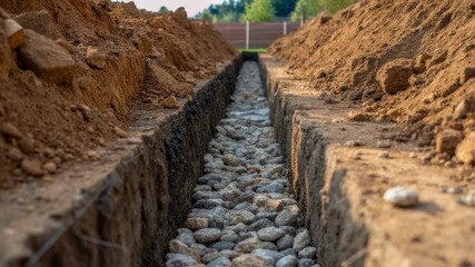 Poster - Construction workers are preparing a foundation drainage system by creating a gravel trench, ensuring proper water flow and preventing water accumulation around the building's foundation