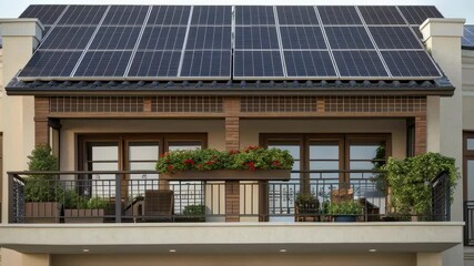 Aufkleber - Sunlight illuminating solar panels installed on the roof of a modern residential building, providing sustainable energy for the apartments with balconies