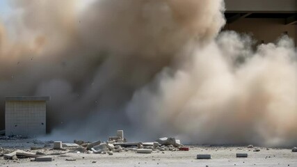 Poster - Massive concrete structure imploding, generating immense dust cloud while breaking down, spreading debris across demolition site during controlled engineering demolition process