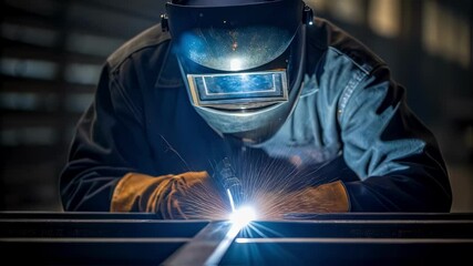 Poster - Skilled welder wearing protective gear joins metal parts using specialized equipment, creating sparks and bright light in an industrial setting