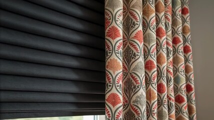 Aufkleber - Contemporary window treatment featuring cellular shades gracefully transitioning between open and closed positions, complementing floral curtains with dynamic interplay of light and shadow