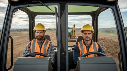 Poster - Construction workers wearing safety helmets and vests are driving a construction vehicle on a construction site, with an excavator in the background