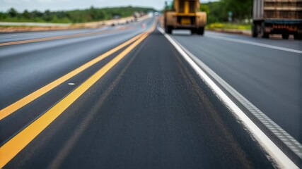 Poster - Heavy machinery compacting fresh asphalt during highway construction, road rollers and trucks working together to create smooth, durable road surface