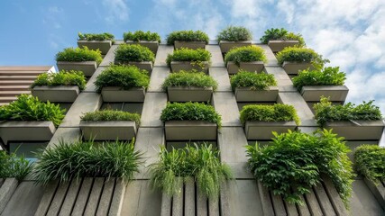 Poster - Modern building featuring lush vegetation covering facade, representing sustainable urban gardening and eco friendly architectural design