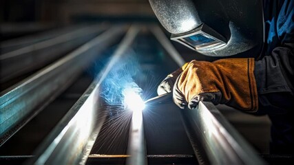 Poster - Professional welder wearing protective gear and joining metal profiles with a welding torch, creating sparks and smoke in an industrial setting