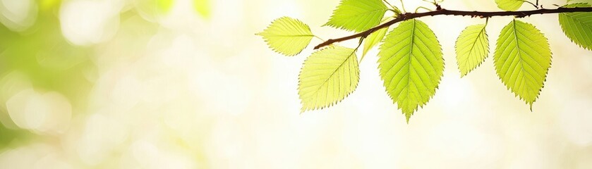 Wall Mural - Green leaves on branch outdoors, bright bokeh background.  Ideal for nature blog, spring ad