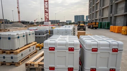 Aufkleber - White plastic transport cases with red handles resting on wooden pallets near large building construction site, surrounded by industrial equipment and storage containers