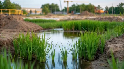 Poster - Lush green rice seedlings thrive in a watery environment, juxtaposed against the backdrop of a bustling construction site, hinting at the intersection of nature and development