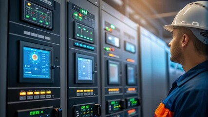 Aufkleber - Industrial engineer wearing hardhat and uniform monitors and controls operations using control panel with digital screens and buttons in factory