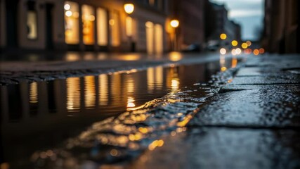 Aufkleber - Warm city lights softly glowing and mirroring in rain soaked puddle sitting on historic cobblestone street, capturing peaceful urban twilight atmosphere with golden evening illumination