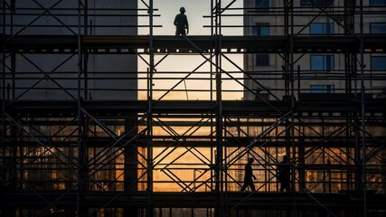 Poster - Construction workers are working on scaffolding against a beautiful sunset backdrop, demonstrating collaboration and dedication in the construction industry