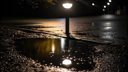 Poster - Nighttime street puddle glistening under streetlight, reflecting urban landscape with serene, shimmering water mirroring surrounding darkness and soft illumination