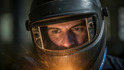Poster - Industrial worker wearing protective helmet, focusing intently while grinding metal and creating bright sparks within manufacturing facility, showcasing professional metalworking skills