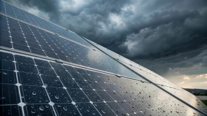 Poster - Raindrops falling on solar panels illustrating resilience of renewable energy technology, weathering stormy conditions with sustained power generation beneath dark, overcast skies