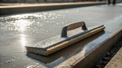 Poster - Construction workers leveling freshly poured concrete surface using specialized bull float, ensuring smooth, professional foundation with precise finishing techniques