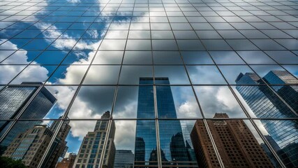 Aufkleber - Modern glass skyscraper reflecting surrounding buildings and cloudy sky, creating abstract architectural patterns with lines and geometric shapes