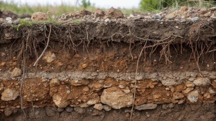 Aufkleber - Ground cross section revealing intricate layers of soil, roots, and geological compositions, showcasing diverse textures and structural elements of underground earth environment